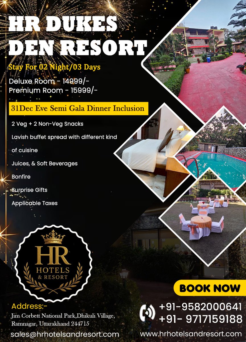 HR_HotelsResort's tweet image. Celebrate 2026 at HR Dukes Den Resort, Jim Corbett — where comfort meets wilderness. 🌿🎆
.
Book your New Year stay now and enjoy exclusive festive offers, bonfire nights, and unforgettable memories! 🏕️🍾
.
hrhotelsandresort.com/jim-corbett.php
.
#HRDukesDenResort #DukesDenResort #NewYearOffer