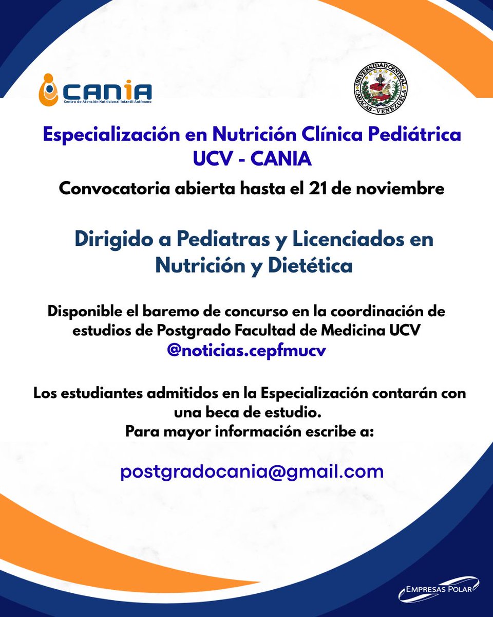 Hasta el próximo 21 de noviembre se encuentra abierta la preinscripción al concurso de ingreso a la Especialización en Nutrición Clínica Pediátrica. 🧡

Para mayor información escribe al
correo postgradocania@gmail.com 📤