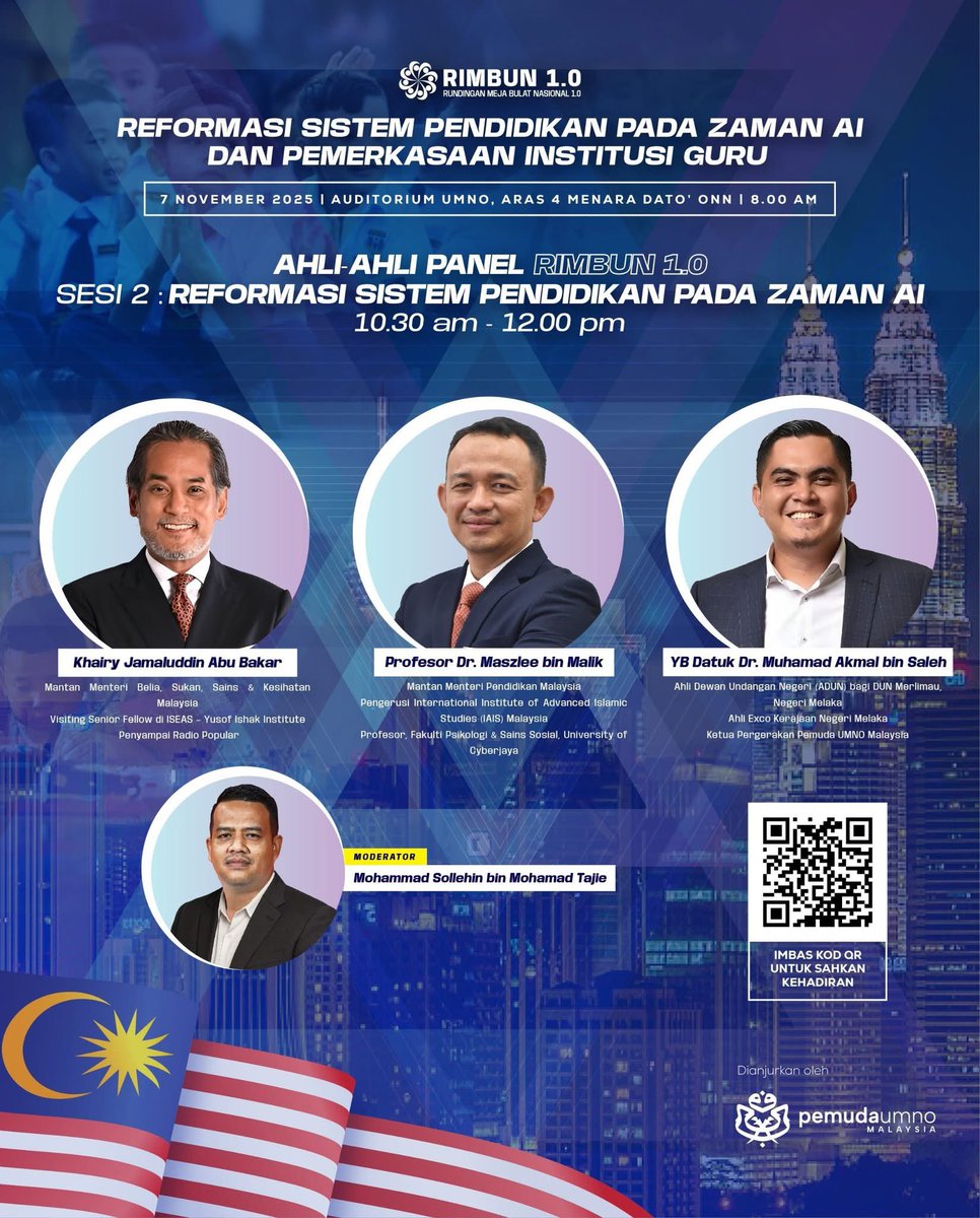 maszlee's tweet photo. Esok!!!

Jumaat, 7/11/2025

RIMBUN 1.0 | Reformasi Sistem Pendidikan pada Zaman AI & Pemerkasaan Institusi Guru

Pendidikan adalah kunci masa depan bangsa. Ketika kita berada di dalam era kecerdasan buatan, cabarannya bukan sekadar teknologi tetapi bagaimana kita membentuk insan yang mampu berfikir, beradaptasi dan memimpin perubahan.

Melalui Rundingan Meja Bulat Nasional RIMBUN 1.0, Pemuda UMNO Malaysia menghimpunkan tokoh-tokoh pendidikan dan pemimpin muda untuk merumuskan hala tuju baharu sistem pendidikan negara agar lebih relevan, inklusif dan berdaya saing.

Saya percaya setiap langkah reformasi mesti berakar pada nilai, pengalaman guru dan semangat mendidik yang tulus.
Inilah saatnya untuk kita fikir semula, bukan sekadar apa yang diajar tetapi bagaimana kita mendidik generasi masa depan.

Terima kasih Pemuda UMNO kerana mengundang saya 🙏
@iaismalaysia 
@keadilanofficial 
@keadilaninternational 
#RIMBUN1 #PemudaUMNO #PemudaCaraKita #PendidikanNasional #EraAI