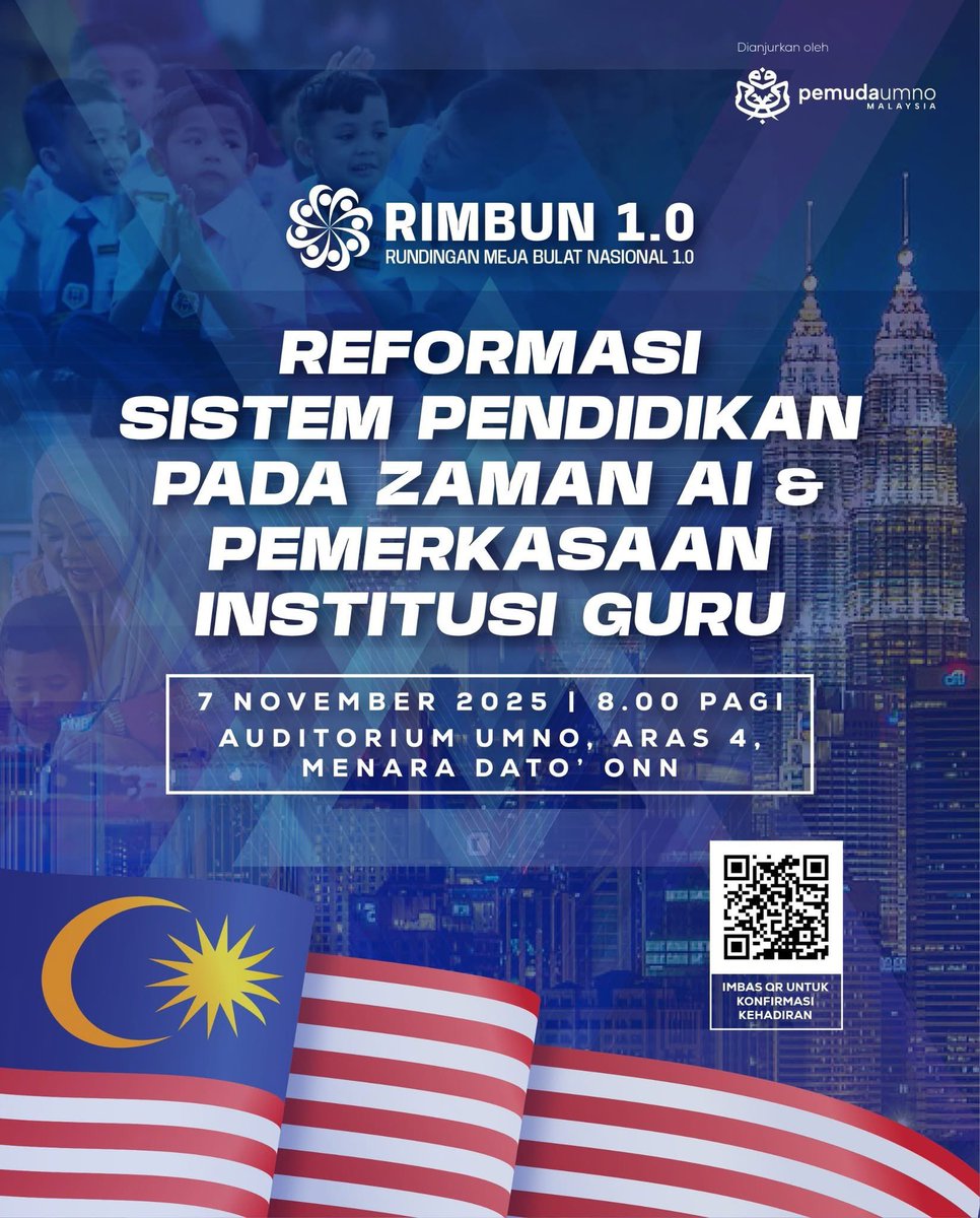 maszlee's tweet photo. Esok!!!

Jumaat, 7/11/2025

RIMBUN 1.0 | Reformasi Sistem Pendidikan pada Zaman AI & Pemerkasaan Institusi Guru

Pendidikan adalah kunci masa depan bangsa. Ketika kita berada di dalam era kecerdasan buatan, cabarannya bukan sekadar teknologi tetapi bagaimana kita membentuk insan yang mampu berfikir, beradaptasi dan memimpin perubahan.

Melalui Rundingan Meja Bulat Nasional RIMBUN 1.0, Pemuda UMNO Malaysia menghimpunkan tokoh-tokoh pendidikan dan pemimpin muda untuk merumuskan hala tuju baharu sistem pendidikan negara agar lebih relevan, inklusif dan berdaya saing.

Saya percaya setiap langkah reformasi mesti berakar pada nilai, pengalaman guru dan semangat mendidik yang tulus.
Inilah saatnya untuk kita fikir semula, bukan sekadar apa yang diajar tetapi bagaimana kita mendidik generasi masa depan.

Terima kasih Pemuda UMNO kerana mengundang saya 🙏
@iaismalaysia 
@keadilanofficial 
@keadilaninternational 
#RIMBUN1 #PemudaUMNO #PemudaCaraKita #PendidikanNasional #EraAI
