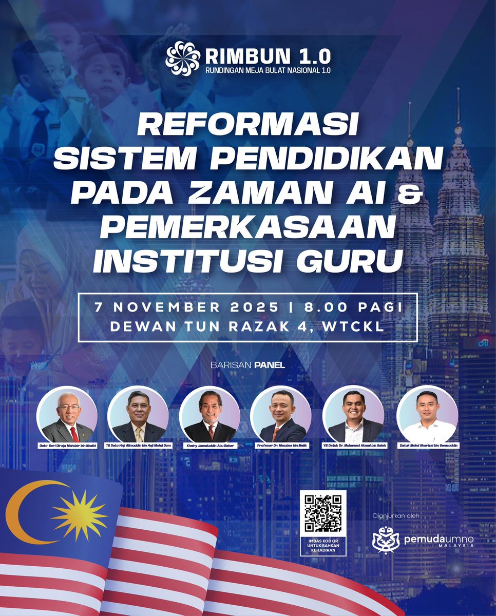 maszlee's tweet photo. Esok!!!

Jumaat, 7/11/2025

RIMBUN 1.0 | Reformasi Sistem Pendidikan pada Zaman AI & Pemerkasaan Institusi Guru

Pendidikan adalah kunci masa depan bangsa. Ketika kita berada di dalam era kecerdasan buatan, cabarannya bukan sekadar teknologi tetapi bagaimana kita membentuk insan yang mampu berfikir, beradaptasi dan memimpin perubahan.

Melalui Rundingan Meja Bulat Nasional RIMBUN 1.0, Pemuda UMNO Malaysia menghimpunkan tokoh-tokoh pendidikan dan pemimpin muda untuk merumuskan hala tuju baharu sistem pendidikan negara agar lebih relevan, inklusif dan berdaya saing.

Saya percaya setiap langkah reformasi mesti berakar pada nilai, pengalaman guru dan semangat mendidik yang tulus.
Inilah saatnya untuk kita fikir semula, bukan sekadar apa yang diajar tetapi bagaimana kita mendidik generasi masa depan.

Terima kasih Pemuda UMNO kerana mengundang saya 🙏
@iaismalaysia 
@keadilanofficial 
@keadilaninternational 
#RIMBUN1 #PemudaUMNO #PemudaCaraKita #PendidikanNasional #EraAI