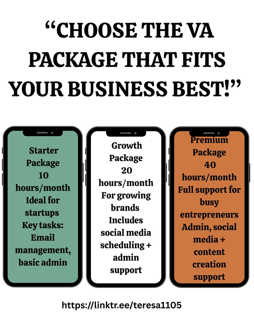 TeresaCorn10295's tweet image. Choose the VA package that fits your business best!”  1. Starter Package 10 hours/month  
2. Growth Package 20 hours/month 
3. Premium Package 40 hours/month 
#vaservices 
#BusinessSupport  
#scaleyourbiz