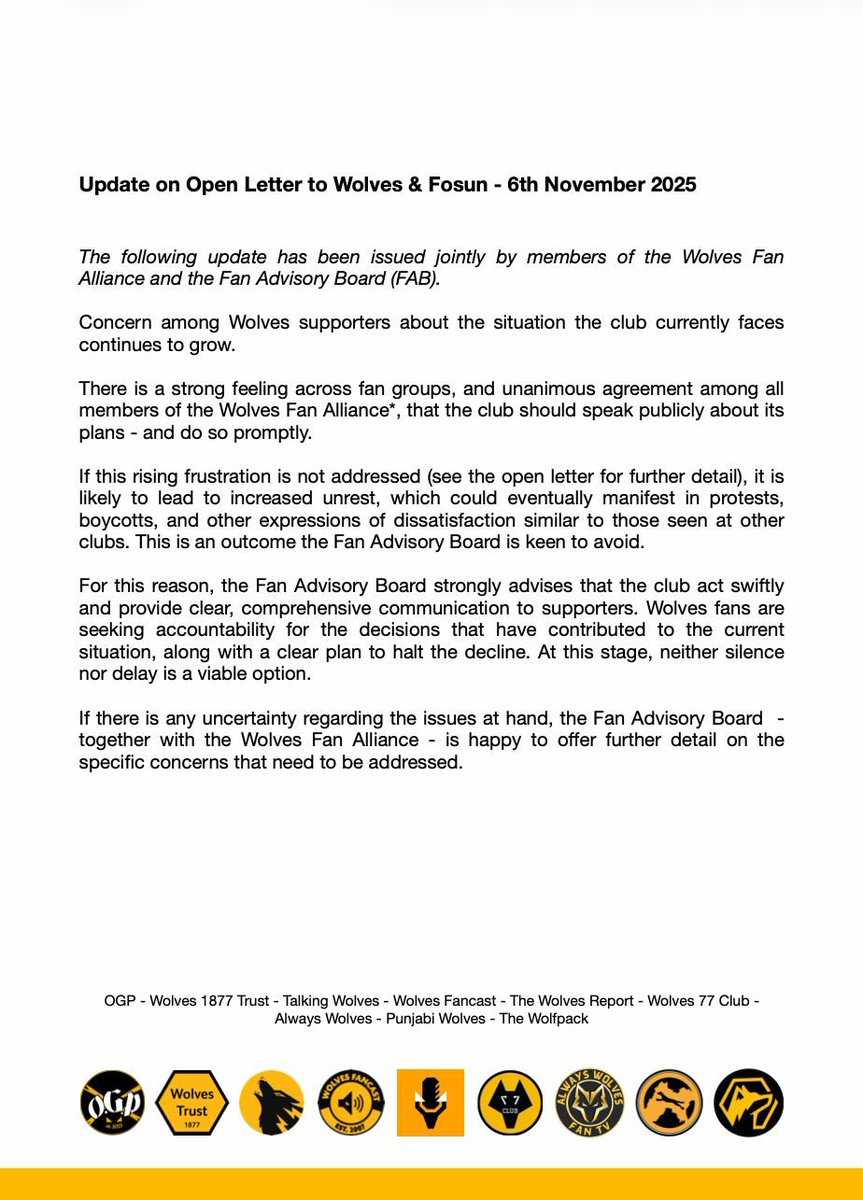 Further to our open letter, we are making additional representations to the club through the Fan Advisory Board requesting an urgent response.

#wwfc