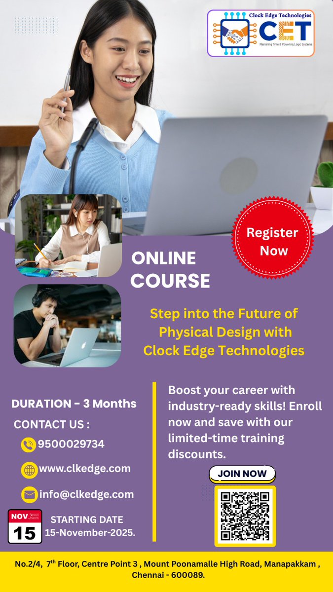 Clockedgetech's tweet image. 💡 Build the backbone of every chip with Physical Design!
Turn circuit ideas into real silicon. 🚀
#PhysicalDesign #VLSI #ChipDesign #ClockEdgeTechnologies