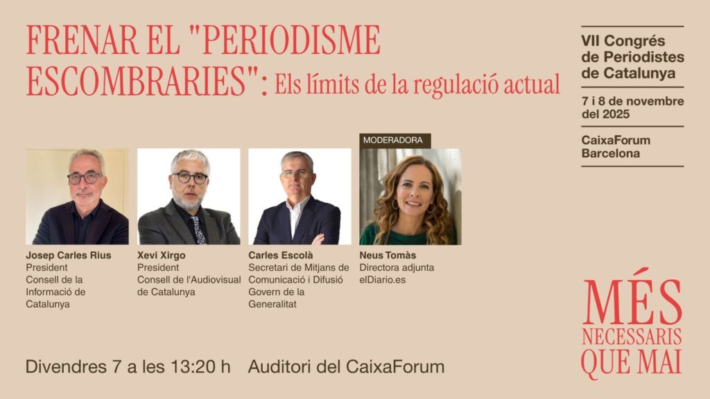 🔴 El president del <a href="/Consell_Audio/">CAC</a>, <a href="/xevi_xirgo/">Xevi Xirgo</a>, participarà en una taula rodona sobre el ‘periodisme escombraries’ en el Congrés de Periodistes, amb el pt. del <a href="/CICfundacio/">Consell de la Informació de Catalunya (CIC)</a> <a href="/jcrius/">Josep Carles Rius</a>, i el secretari de Mitjans del <a href="/govern/">Govern de Catalunya</a> <a href="/escolarivas/">Carles Escolà</a>. Modera <a href="/neustomas/">Neus Tomàs Gironi</a>

🔗 congresperiodistes.cat