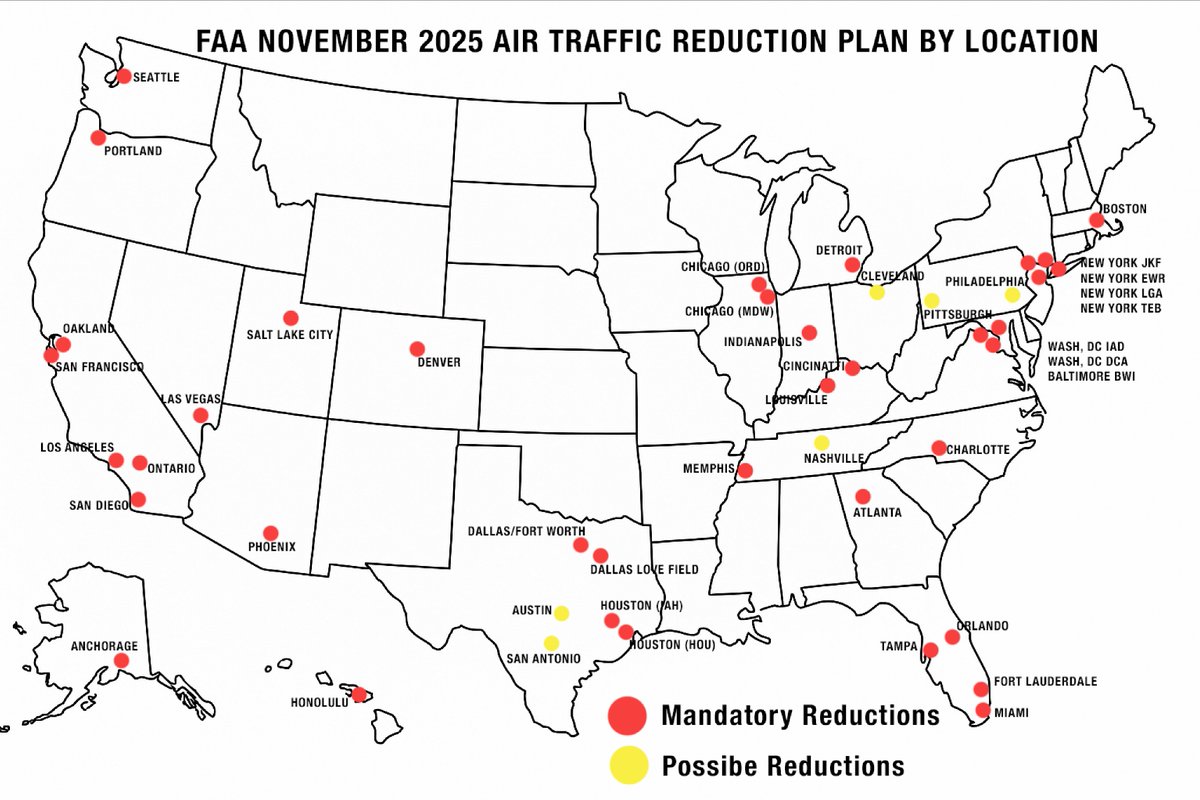 The U.S.'s FAA planned Air Traffic Reduction Map #MAP  #FAA #AirTraffic #Flight #flightdelay #FlightReduction #USA #Airports #LAX #DFW #JFK #ORD #MIA #IAH #PHX #SFO #ATL #DEN #LasVegas #Seattle #Portland #Detroit #NewYork  #WashingtonDC #SanDiego #Philadelphia #Charlotte #Memphis