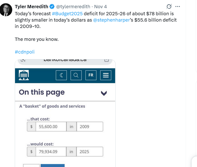 I saw this nonsense all over X yesterday. It is actually the sort of thing that you shouldn't remind folks about. The reason Harper had to run that deficit is because <a href="/timhodgsonmt/">Tim Hodgson</a>'s, Guzman's and <a href="/MarkJCarney/">Mark Carney</a>'s BFFs at Goldman Sachs played a large role in almost bringing down
