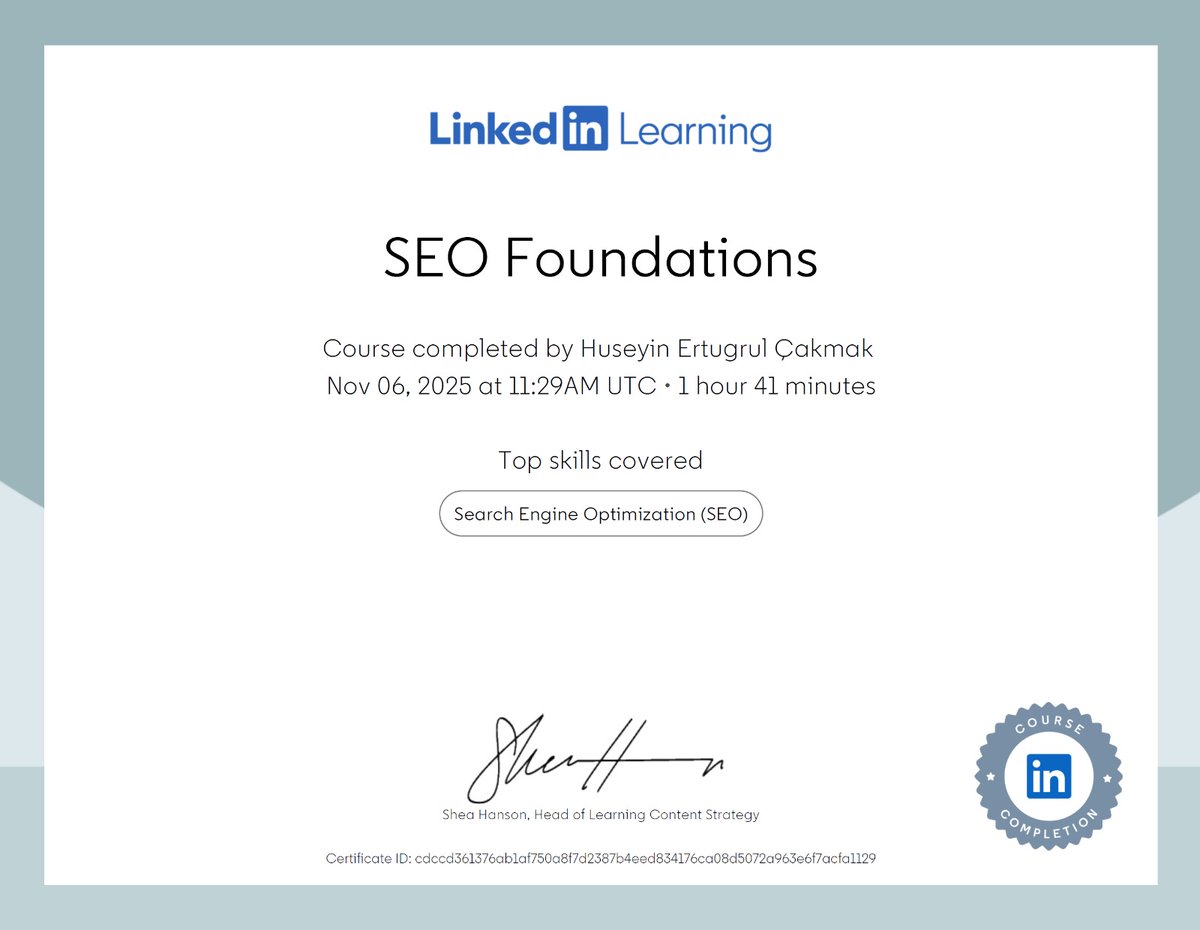 ertugrulcakma's tweet image. LinkedIn Learning’de SEO Foundations eğitimini başarıyla tamamladım!
Artık arama motoru optimizasyonu, içerik stratejisi ve dijital görünürlük konularında daha sağlam bir temele sahibim. 🔍
#SEO #LinkedInLearning #DijitalPazarlama #HüseyinErtuğrulÇakmak