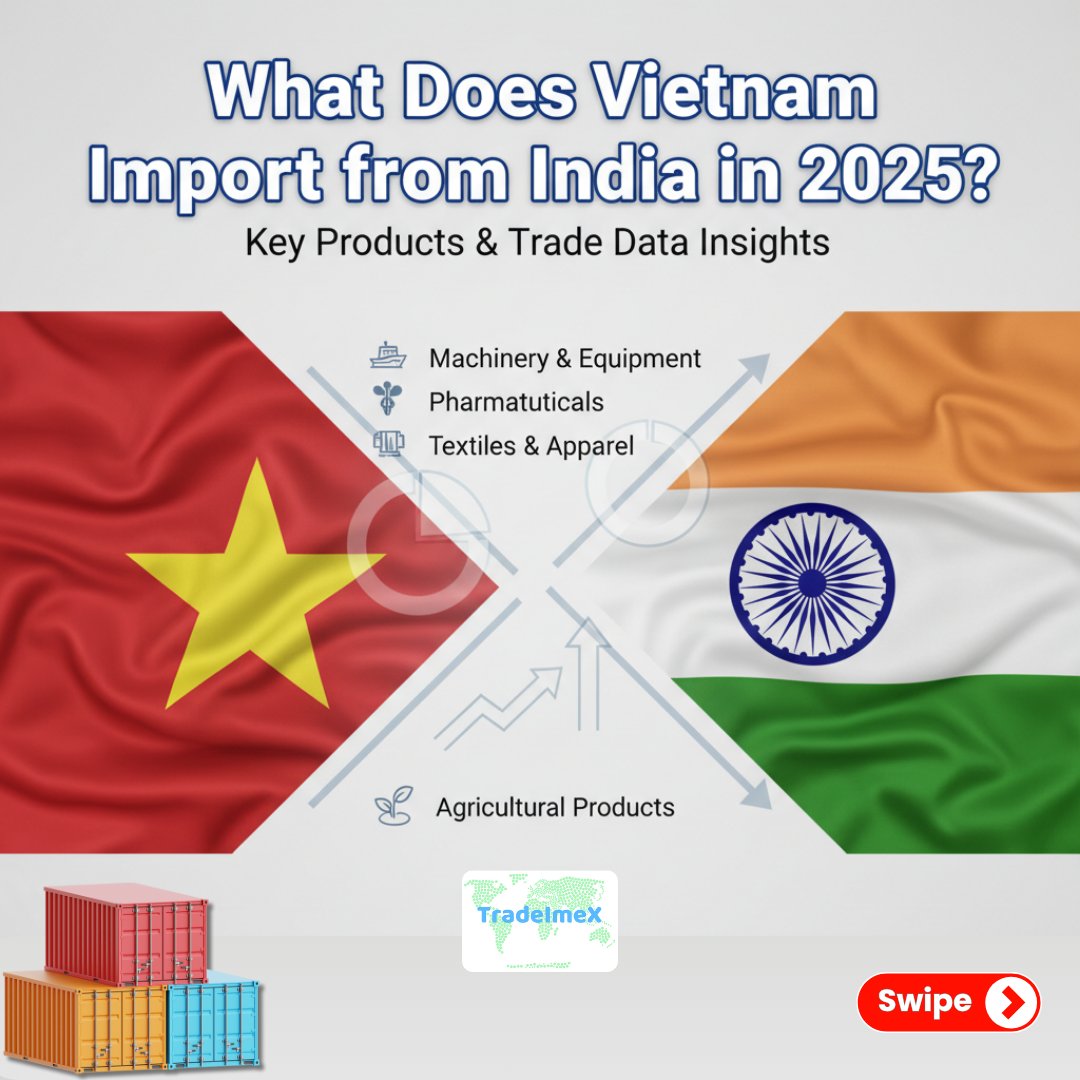 TradeImeX's tweet image. 🌏 Vietnam–India trade is shaping Asia’s growth story!
In 2024–25, 🇮🇳 exported goods worth $5.8B to 🇻🇳 — from meat &amp;amp; machinery to cotton &amp;amp; chemicals.

Read more: tradeimex.in/blogs/vietnam-…

#VietnamIndiaTrade #GlobalTrade #ExportData #VietnamImports #IndiaExports #TradeImeX