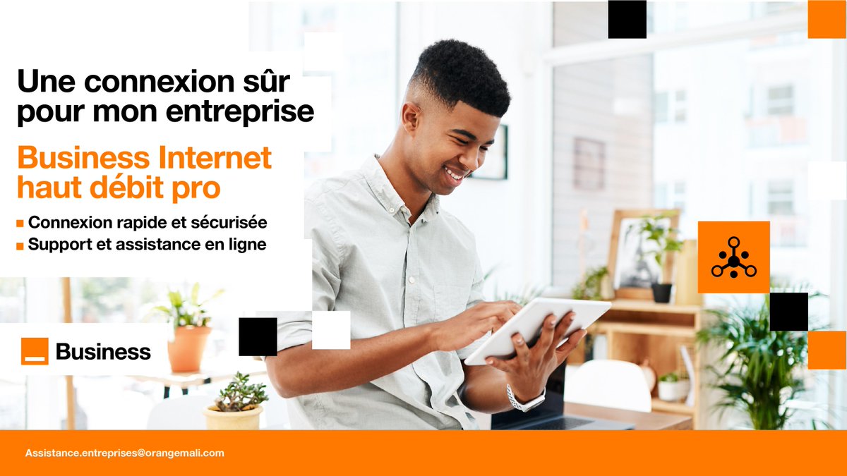 Besoin de rester connecté en permanence à vos clients et fournisseurs? Avec Business Internet Haut Débit Pro, bénéficiez d'une solution complète qui vous offre le meilleur de l'Internet. Pour plus d’infos écrivez-nous par mail à : assistance.entreprises@orangemali.com