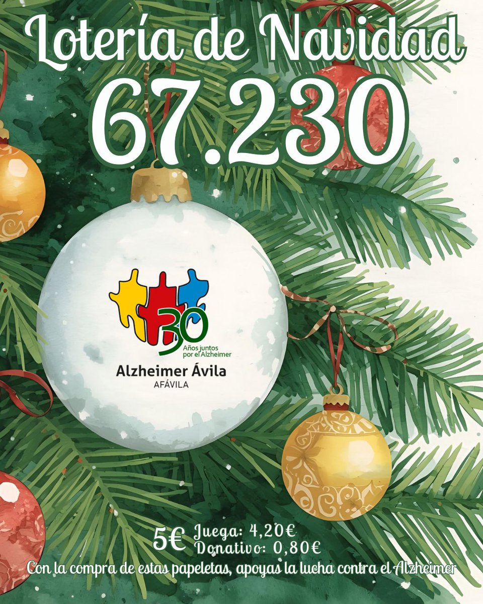 ¡Ya está aquí la Lotería de Navidad de Alzheimer Ávila! 
Este año repartimos ilusión con el número 67.230 🍀

Consigue tu décimo en nuestra sede: C/ Antonio Veredas, 84 (Ávila).
Pronto os diremos más puntos de venta 🎫
