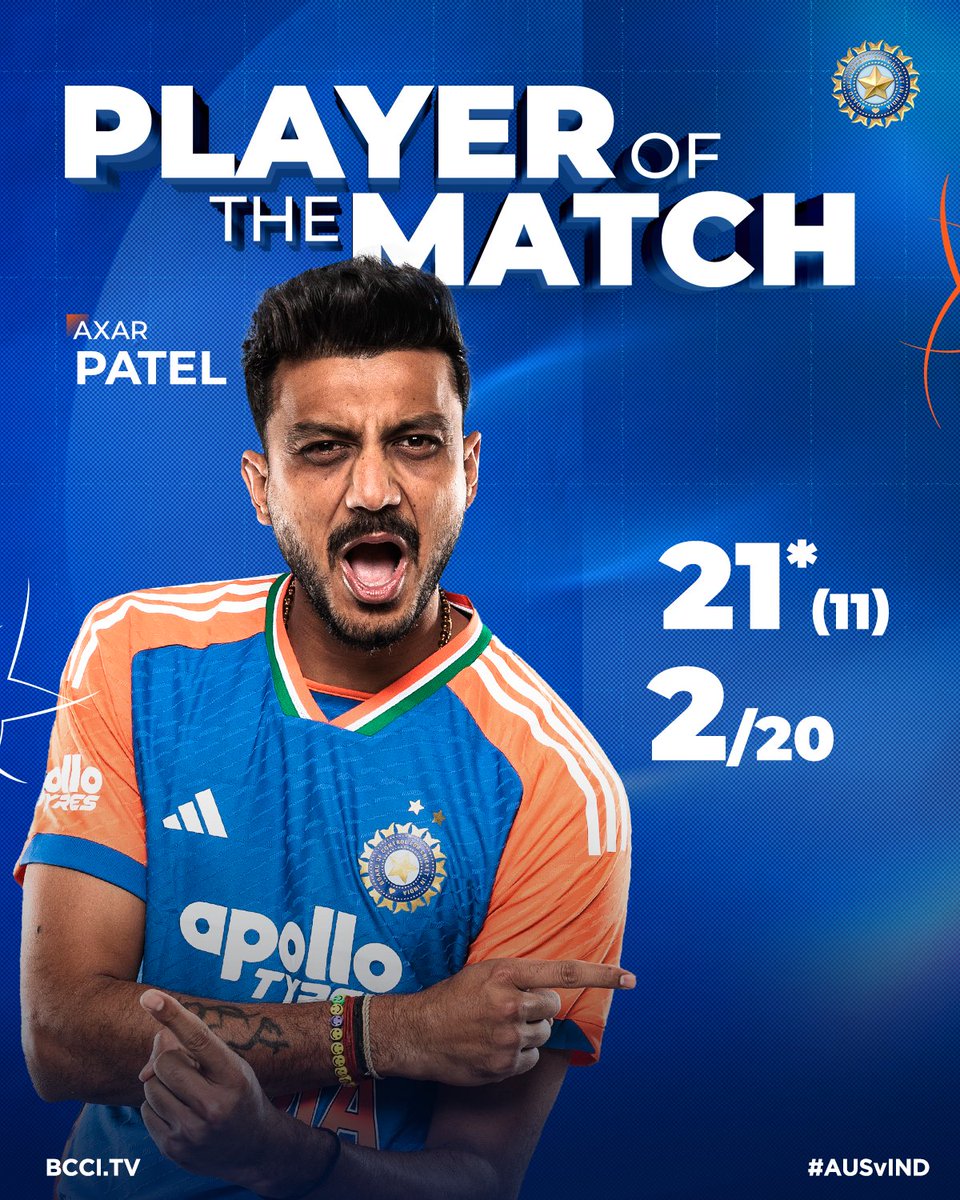BCCI's tweet image. All-round brilliance ✨

Axar Patel is the Player of the Match for his highly crucial batting and bowling contributions  🙌

Scorecard ▶ bit.ly/AUSvIND-4thT20…

#TeamIndia | #AUSvIND | @akshar2026