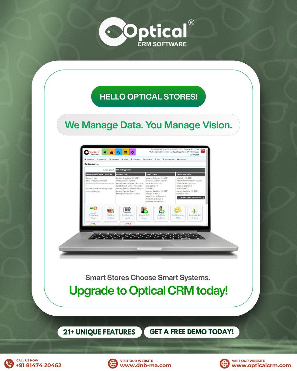 CrmOptical's tweet image. Upgrade your store into a smart-store - with a smart CRM system! 🕶️💚

🎉 Get A FREE Demo Today!

📲 Call/WhatsApp: +91 8147420462
🌐 Visit: opticalcrm.com
.
.
#dnbmmultiappsllp #opticalcrm #opticalshopsoftware #inventorymanagementsoftware #billingsoftwre #shopmanagement