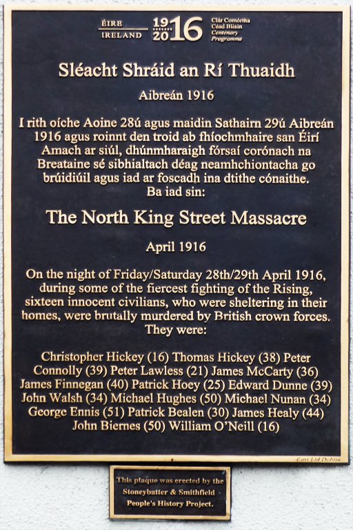 Its the final hours of the Easter Rising, as Dublin burns and the air is thick with smoke and cordite. A quiet horror unfolds behind the shuttered doors of North King Street when rabid British soldiers of the South Staffordshire Regiment massacred a neighbourhood. It was late on