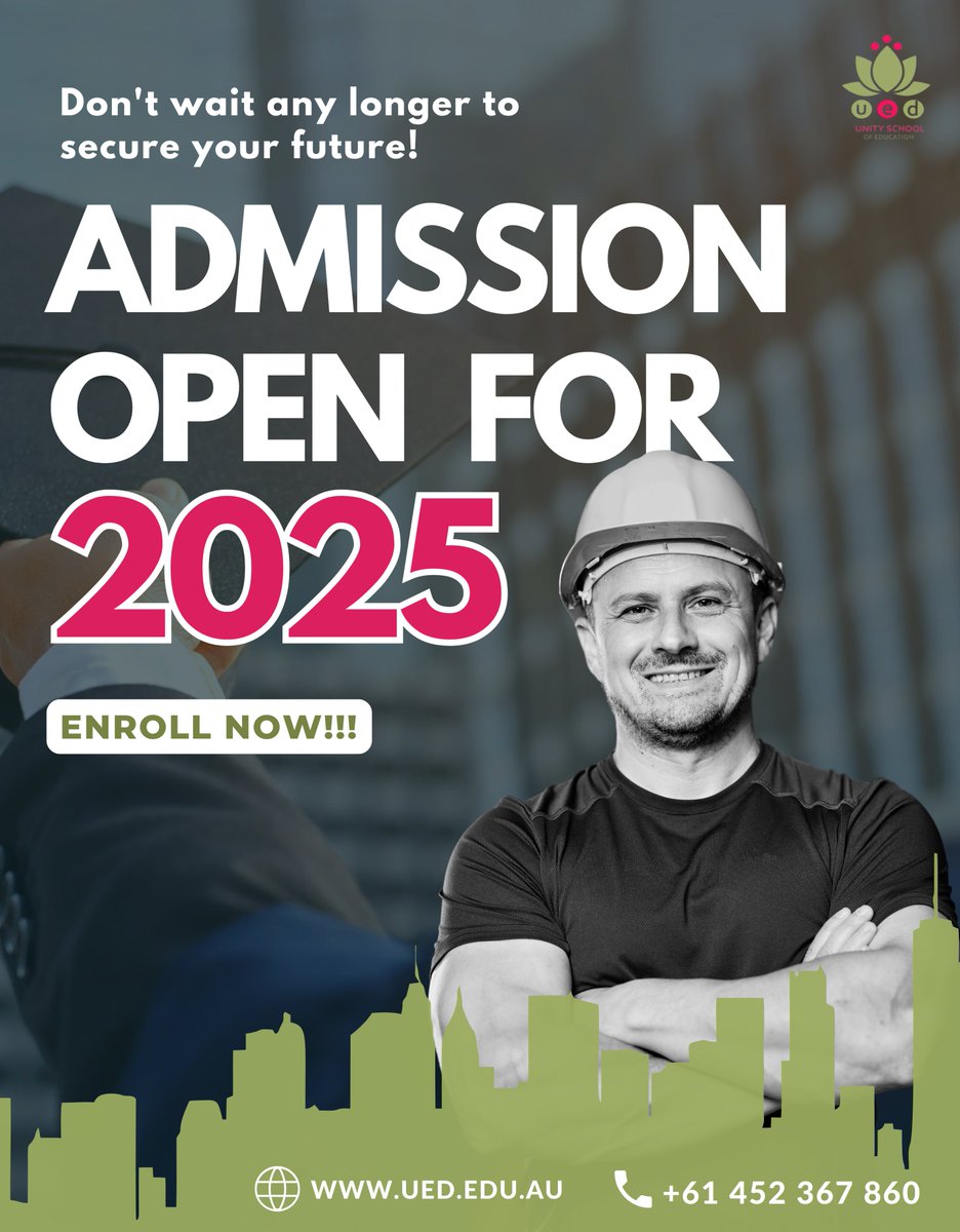 UnitySchoolD's tweet image. Admissions Open for 2025!
Your future starts *today* — don’t wait any longer to chase your dreams!

🌐 [ued.edu.au]
📞 +61 452 367 860

#AdmissionsOpen2025 #StudyAbroad #FutureStartsHere #EnrollNow #GlobalEducation #StudyInAustralia #UED #EducationGoals