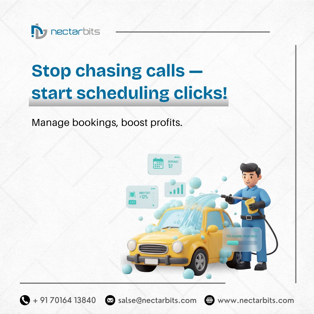 nectarbits's tweet image. Stop chasing calls — start scheduling clicks! Manage every booking and boost profits effortlessly. 🚗💦
#CarWashSoftware #AppointmentApp #BusinessAutomation #OnDemandApp #Nectarbits