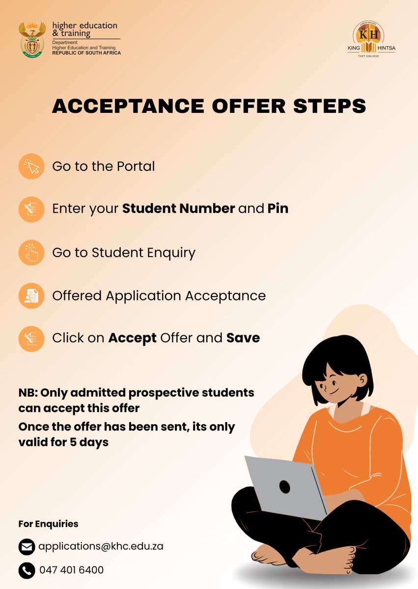 King_hintsacol's tweet image. 2026 Study offers available on the student portal. Accept your offers here: khc.edu.za 
#tvetcolleges
#khc