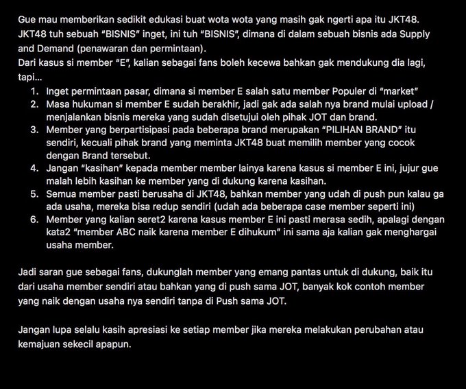 Sedikit saran aja buat para wota, kecewa boleh tpi jangan bawa2 member lain karena kasus si member E ini, bahkan nyerang di lapak salah satu brand juga