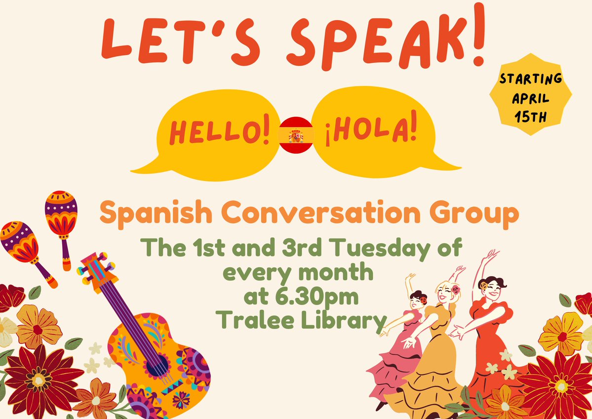 KerryLibrary's tweet image. Spanish English Conversation group - get together and chat with other English &amp;amp; Spanish speakers. The group will meet on the first and third Tuesday of every month.

Next meeting, Tuesday 18 November, at 6.30pm.

All Welcome | Todos Bienvenidos.