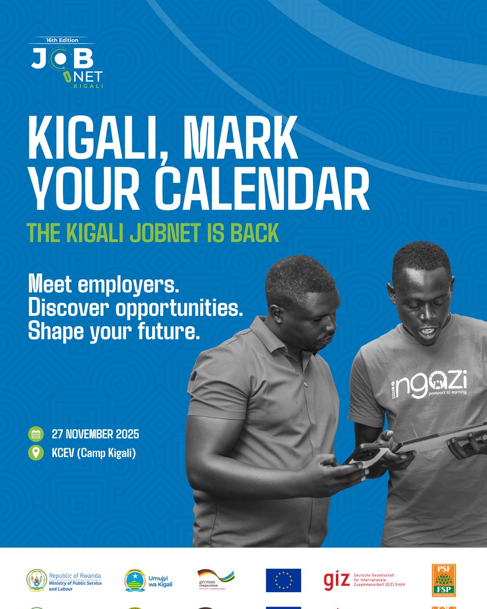 CityofKigali's tweet image. With the support of our valued partners, #KigaliJobNet is bringing together skills, employers, and opportunities under one roof.

Join us on 27 November at KCEV (Camp Kigali) in #KigaliYacu as we empower Rwanda’s workforce for the future.