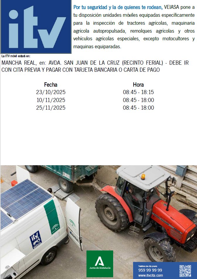 Los próximos días 10 y 25 de noviembre de  2025, la ITV móvil se ubicará en el recinto ferial con el objeto de realizar inspecciones técnicas a tractores agrícolas. <a href="/Veiasa/">VEIASA</a>