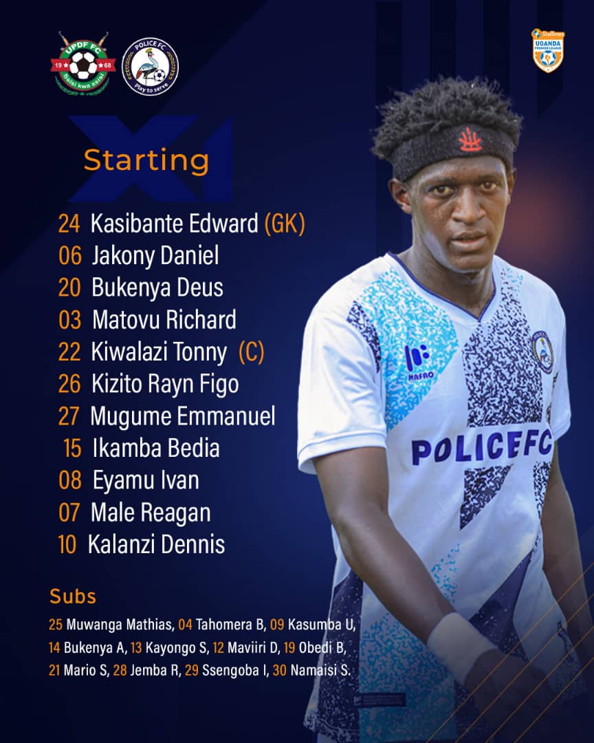 UgPoliceFC's tweet photo. 𝗧𝗘𝗔𝗠 𝗟𝗜𝗡𝗘𝗨𝗣

🔄 Four changes from the previous lineup as Kasibante, Male, Mugume, and Eyamu start against UPDF FC.
Here’s our Matchday Six roster!

#WeAreCops || #PlayToServe || #StarTimesUPL || #UPDPOL https://t.co/wIRXrKY6to