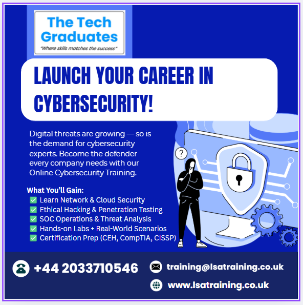 theTechGraduate's tweet image. 🌐 thetechgraduate.com Launch Your Career in Cybersecurity!
Digital threats are growing — so is the demand for cybersecurity experts. Become the defender every company needs with our Online Cybersecurity Training. 📞 +91 7337395554
✉️ Enquires@thetechgraduate.com
