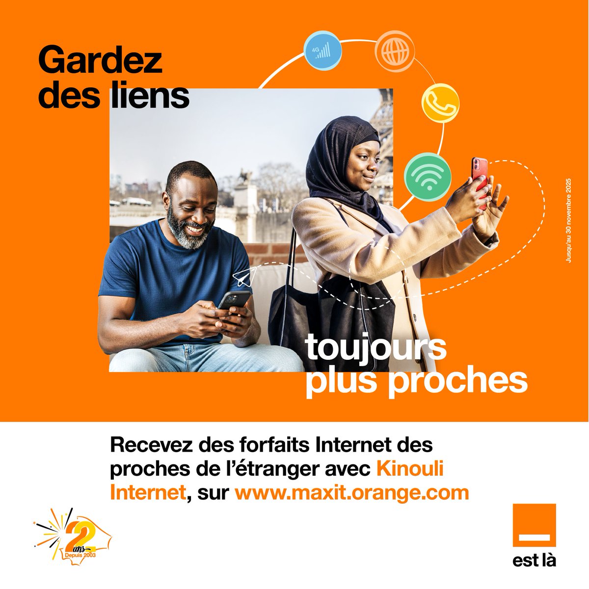 Restez connectés à vos proches de l’étranger ce mois de Novembre🌍📱
Grâce à Kinouli et Baluwo, vos proches peuvent vous envoyer des forfaits Internet depuis l’extérieur à partir de 250F, jusqu’au 30/11.
RDV sur 👉 baluwo.com/#/home  &amp;  maxit.orange.com
#Kinouli