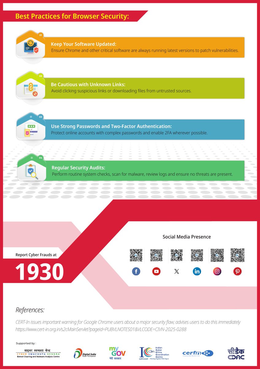 SSOIndia's tweet image. #CyberAlert
⚠️ Urgent Alert for Google Chrome Users! Major browsing vulnerabilities have been detected hackers could exploit them to steal your data update your browser immediately to stay safe online 💻

#CyberSafety #BrowserSecurity #GoogleChrome #DigitalSafety #CyberAwareness…