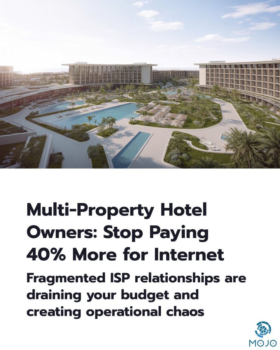 MoJoTechGroup's tweet image. Why are multi-property hotel owners paying 40% more for internet service while getting inconsistent performance? Fragmented ISP relationships across portfolios.

We manage ISP relationships for 150+ hotel properties. One call. One invoice. Consistent performance.