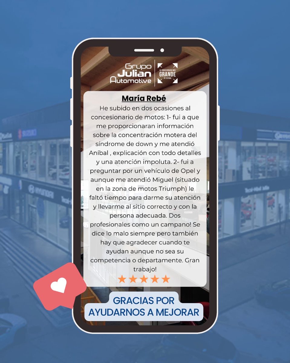 GJ_Automotive's tweet image. ✨ Nos encanta leer mensajes así 💙
Gracias, María, por tus palabras y por reconocer el trabajo de nuestros compañeros Aníbal y Miguel 👏

Profesionalidad, atención y cercanía: tres valores que nos definen cada día.
#GrupoJulianAutomotive #ClienteSatisfecho #Automocion #Burgos