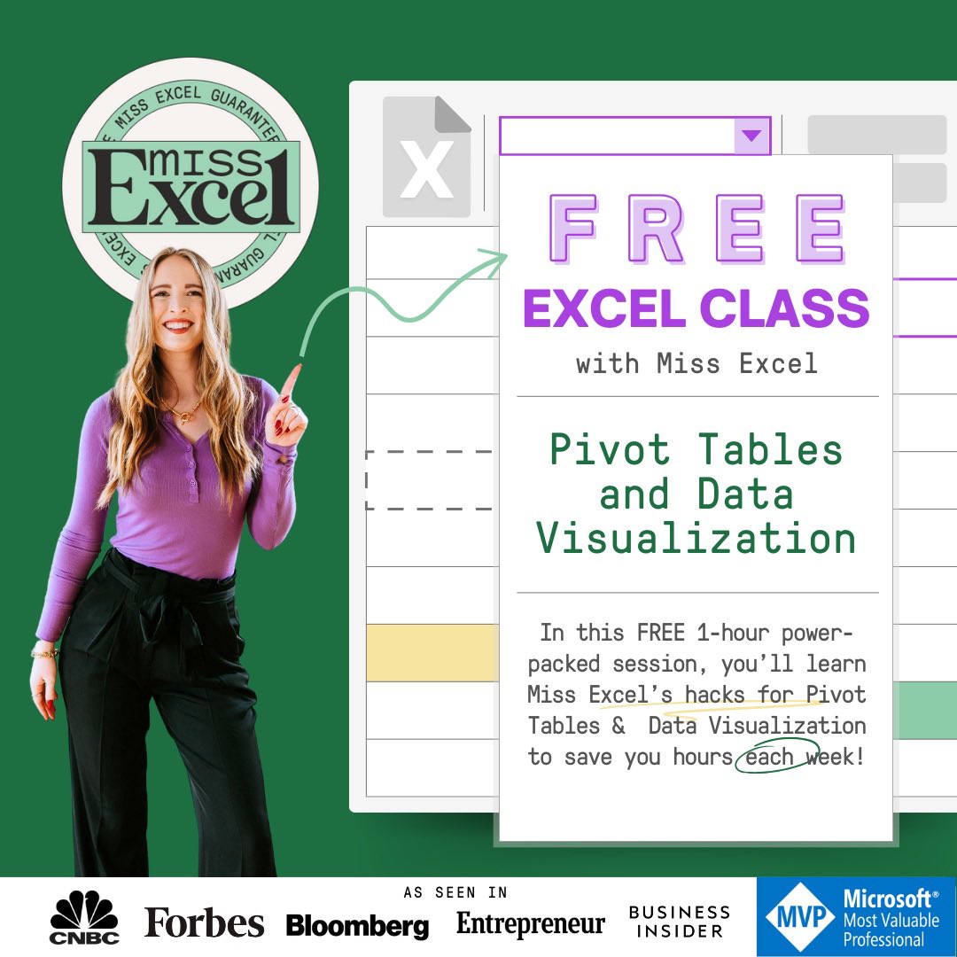 Level up in Excel in one hour!!! 💃🏼 You’re invited to a FREE Excel class with Miss Excel!

🤍 Register at start.miss-excel.com/pivotsheets

Topic: Pivot Tables &amp; Data Visualization

Description: In this free 1-hour power-packed session, you’ll learn Miss Excel’s hacks for Pivot Tables &amp;