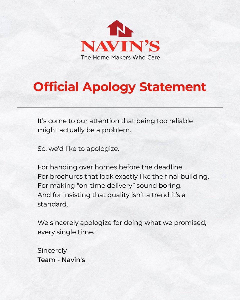 NavinHousing's tweet photo. We understand our consistency might have made waiting seem overrated.
We officially apologize for handing over homes too early and promises too literally.
Sorry for being reliably Navin’s.

#NavinsHomes #ApologyTrend #NavinsLegacy #HomesThatCare #BuildingBetterFutures https://t.co/LwQusRUJ2v