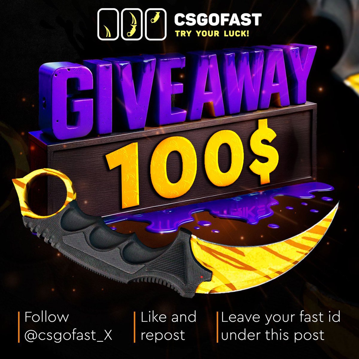 csgofast_x's tweet image. ⚡️This is a $100 GIVEAWAY!⚡️

👉To enter:
✅Follow
✅Retweet
✅Tag 2 Friends
✅Like 3 last posts
✅Write a Fast ID

Results on November 9th!🍀