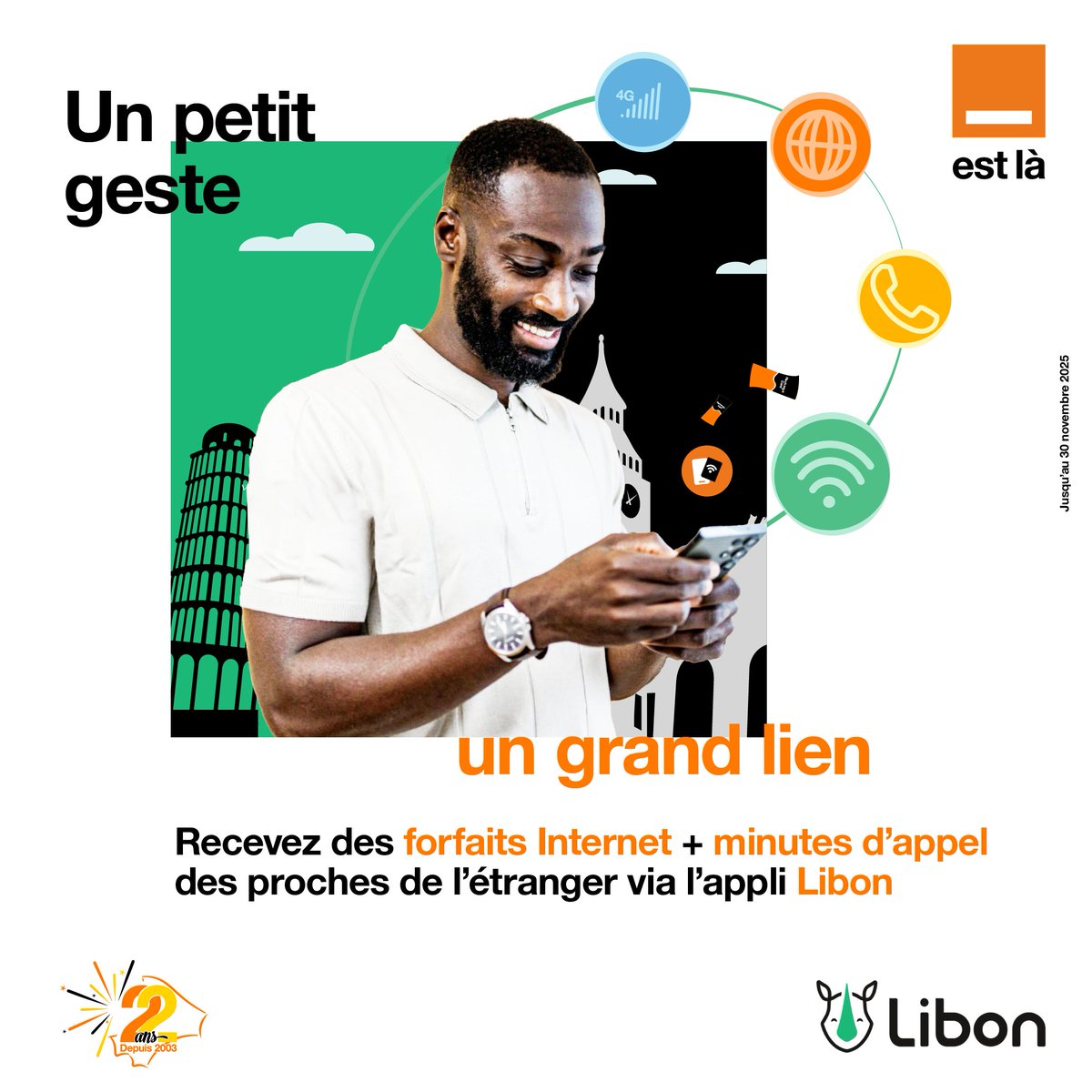 Grâce à l’appli Libon🤗, vos proches de l’étranger🌍, peuvent vous offrir à tout moment des forfaits Internet et des minutes d’appel😊.
Pour profiter, Télécharge l’appli Libon sur Play store ou app store.
Offre valable au 30/11.
#Libon#OrangeEstLà#DataMobile