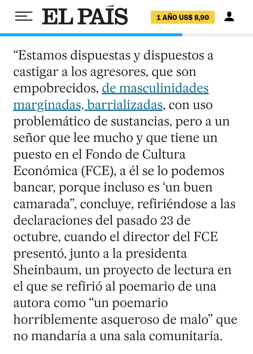 Hoy en <a href="/elpaismexico/">EL PAÍS México</a> la psicóloga <a href="/ps_margaret/">Mar</a> pone al centro un tema trascendental: el #Clasismo y la.forma de castigo a los agresores a partir de lo acontecido a <a href="/Claudiashein/">Claudia Sheinbaum Pardo</a>. Mientras a un acosador se le persigue con cárcel, a un <a href="/Taibo2/">Paco Taibo2📝</a> se le llama "COMPAÑERO" #Mujeres