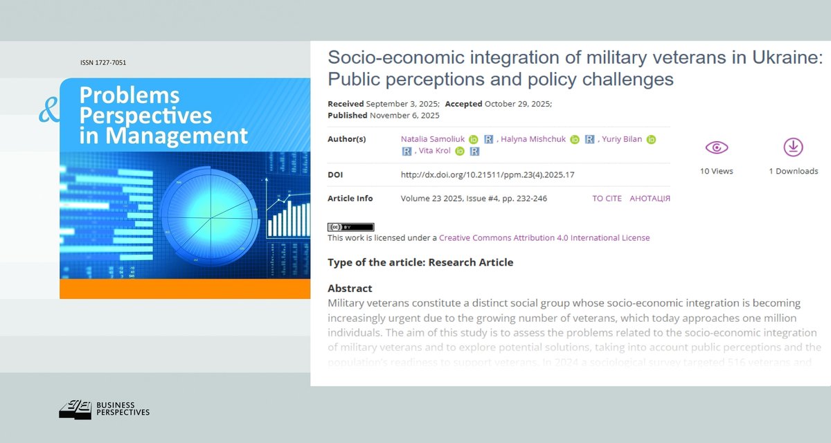 🔗 dx.doi.org/10.21511/ppm.2…
📝 Socio-economic integration of military veterans in #Ukraine: Public perceptions and policy challenges
👥 Natalia Samoliuk, Halyna Mishchuk, Yuriy Bilan, Vita Krol

#publicadministration #veterans #war