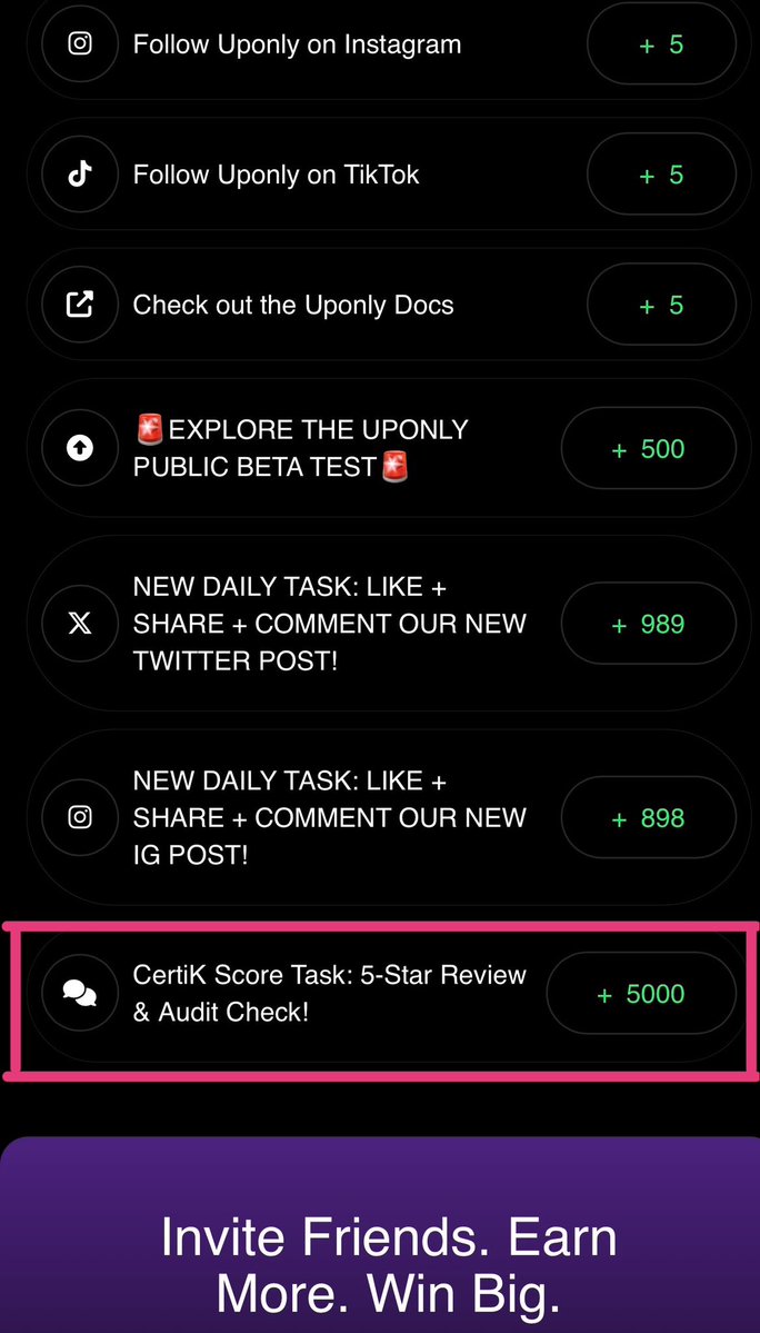 Hey #UpOnly Fam 👋
We’re entering the final stage of our <a href="/CertiK/">CertiK</a> audit — your support means everything right now. 💪

🌟 TASK: CertiK 5-Star Trust Boost (+5000 pts)
1️⃣ Go to our CertiK task
2️⃣ Check our audit progress — we’re almost done! 🔒
3️⃣ Leave your 5⭐ review under