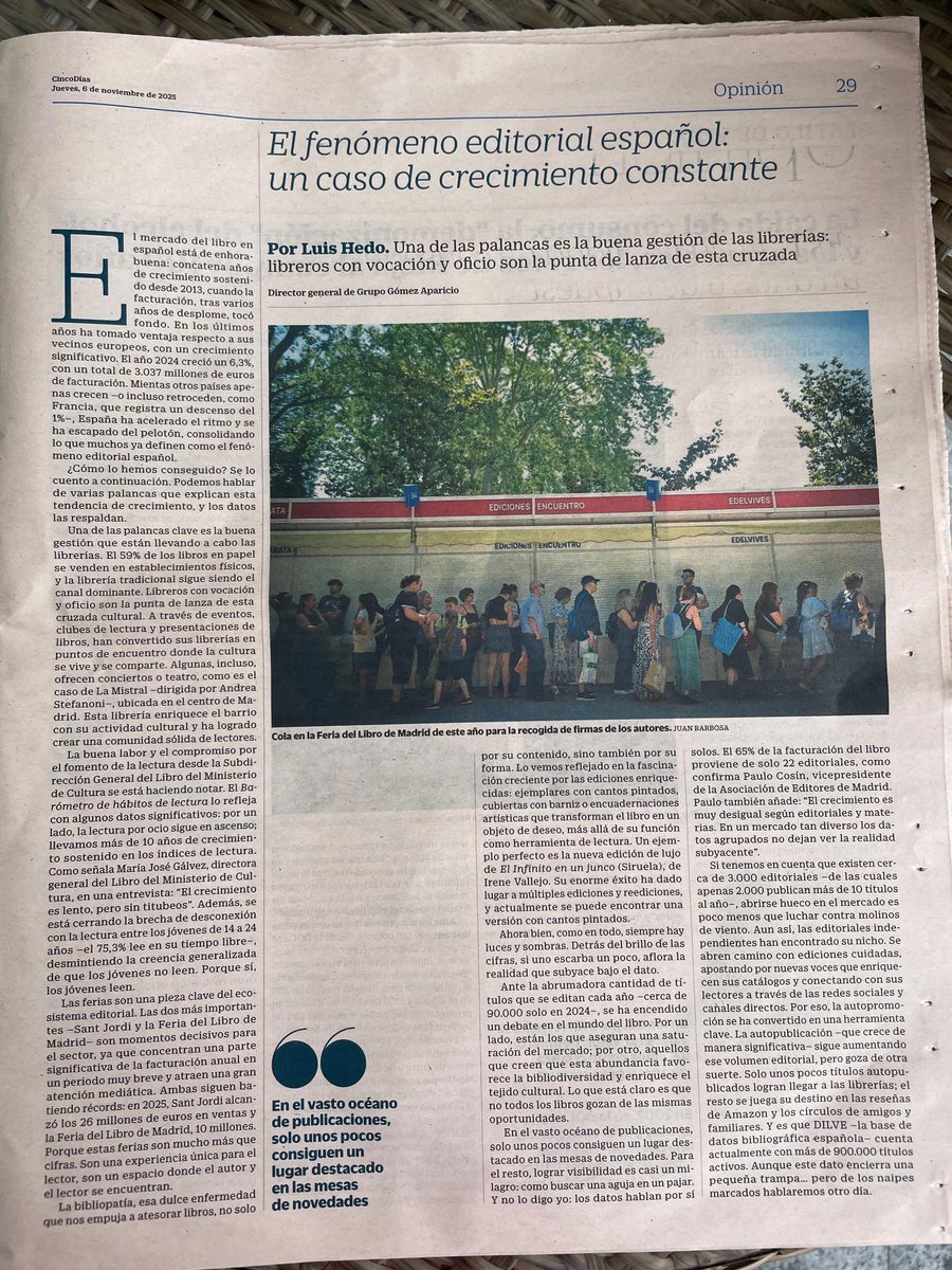 luis_hedo's tweet photo. 🗞️ HOY ESCRIBIMOS EN CINCO DÍAS.

Os comparto este artículo que he escrito para @CincoDiascom donde analizo la evolución del sector editorial español y su estado de salud. Una mirada con luces y sombras sobre un mercado que, pese a los desafíos, muestra una notable vitalidad. https://t.co/C09qwjJuOh