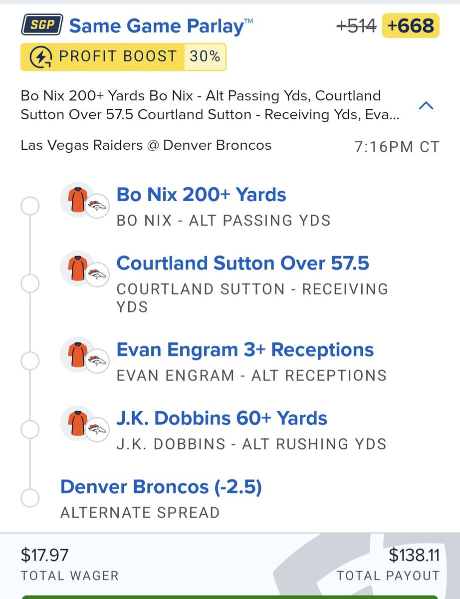 I know I said parlays are not the wisest bet. The Thursday Night Football I couldn't resist sharing with you. The lines are moving early. Sutton went from 55.5 to 57.5 while typing the post up, but still an good line for him. Here's just the slip if you want just the bet.