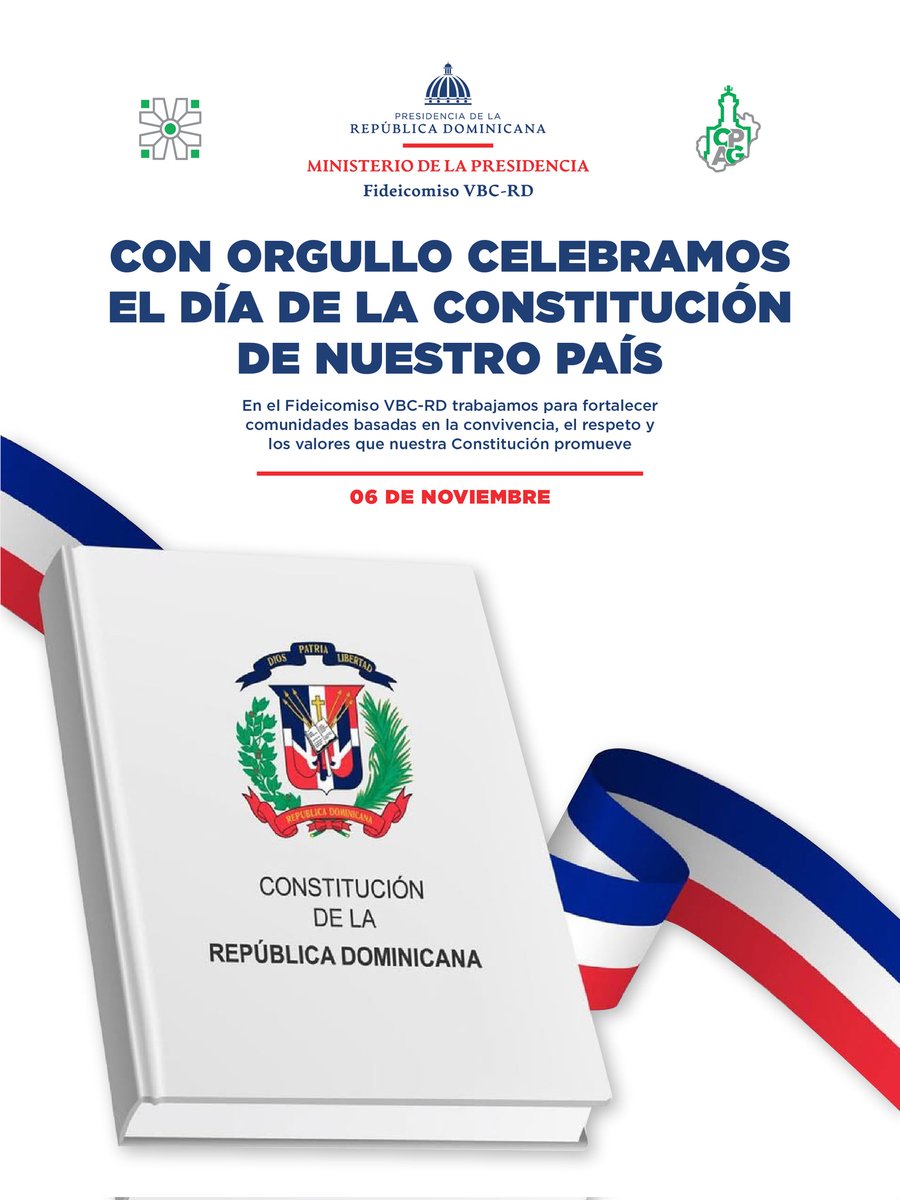 cjb_rd's tweet photo. Hoy celebramos el Día de la Constitución.

En el Fideicomiso VBC-RD trabajamos para fortalecer comunidades basadas en el respeto, la convivencia y los valores que nos unen como nación🇩🇴

#DíaDeLaConstitución #FideicomisoVBC #RepúblicaDominicana #CiudadJuanBosch #CJB https://t.co/n4CPVoUF9m