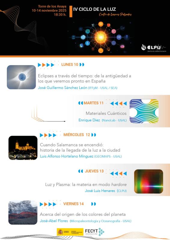BibliotecaZacut's tweet photo. 💡 𝐈𝐕 𝐂𝐢𝐜𝐥𝐨 𝐝𝐞 𝐥𝐚 𝐋𝐮𝐳 | Torre de los Anaya
Charlas sobre eclipses, materiales cuánticos, la llegada de la luz a Salamanca, plasma, y los colores del planeta
📅 10–14 nov. |🕣 18:30h
🚪Entrada libre
Organiza: @clpu_icts
#Divulgación #CienciaUSAL #CLPU #Salamanca https://t.co/YImf9pE0la