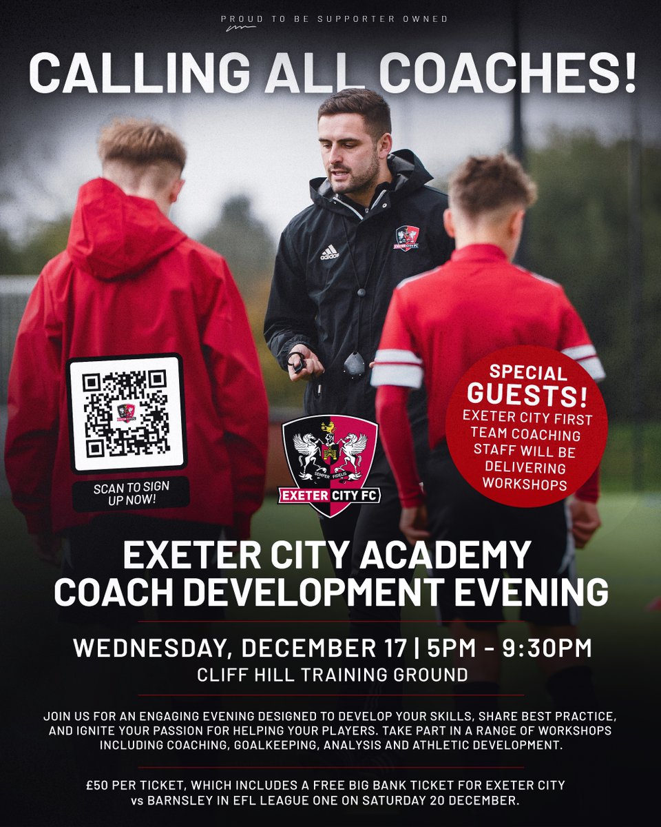 📢 Calling all Coaches! 📢

Join us for our Coach Development event on Wed, Dec 17 at the Cliff! First team coaches will be running workshops including coaching, goalkeeping, analysis and athletic development and it counts towards FA CPD hours

 🔗 Sign up ➡️