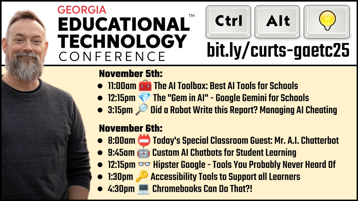 ericcurts's tweet image. Join me at #GaETC25 today for:

📛 Today&apos;s Classroom Guest: Mr. A.I. Chatterbot
🤖 Custom AI Chatbots for Students Learning
👓 Hipster Google
🔑 Accessibility Tools for all Learners
💻 Chromebooks Can Do That?!

Resources for all of my sessions here bit.ly/curts-gaetc25