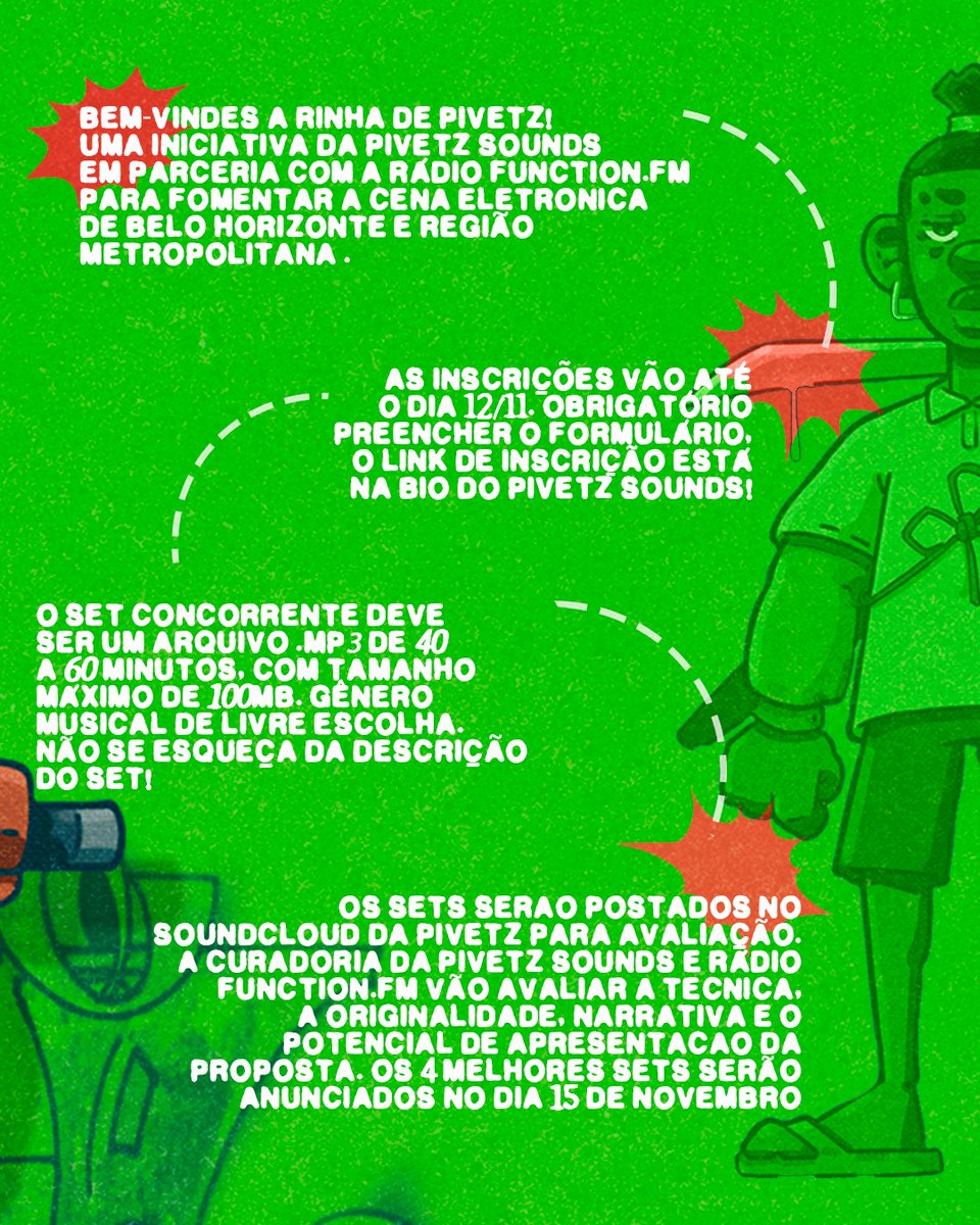 PivetzSounds's tweet photo. @FunctionFm 🎯 O concurso é OTA (Open To All)! Aberto a todos os níveis de experiência, gêneros e etnias. Você só precisa ser residente de Belo Horizonte e Região Metropolitana (RMBH).
Queremos dar visibilidade para talentos que buscam experiência de pista!
#RinhaDePivetz #DJContest https://t.co/uj4wwSDiUH
