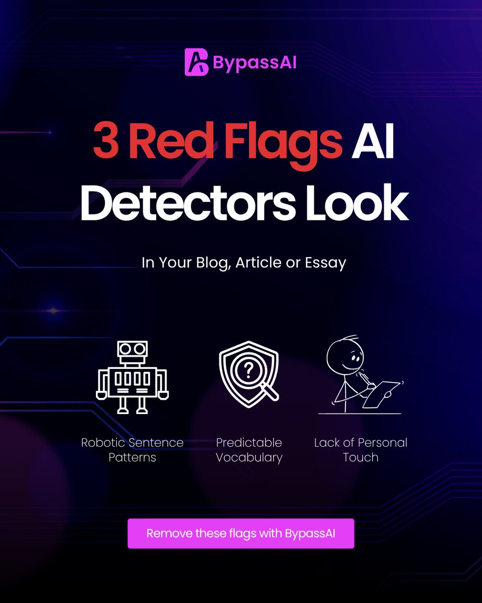 Bypass_AI's tweet photo. Think your AI essay sounds natural? 🤔
AI detectors might disagree.

Here are the top 3 red flags they look for:
1️⃣ Robotic sentence rhythm
2️⃣ Predictable, lifeless vocabulary
3️⃣ No personal touch or emotion

Don’t just reword your text — humanize it with BypassAI. https://t.co/7Nz2Bd6XkZ