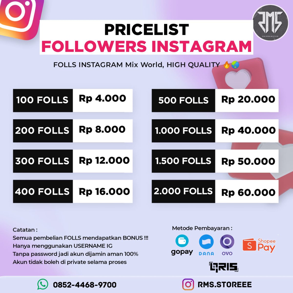 Keyy770316's tweet photo. Menjual kebutuhan sosial media
FOLLOWER, LIKE, VIEWIG G •Amanah dan Terpercaya🔥
 ·Testimoni banyak ✨
· Privacy aman 100% 🔐
· Trusted 💯
>Bagi yang mau join reseller/jual followers juga bisa yaa nanti admin kasih tau dan ajari jara nya. 
ORDER👇
https://t.co/zGOLEVeslh https://t.co/lZU7clZMGx