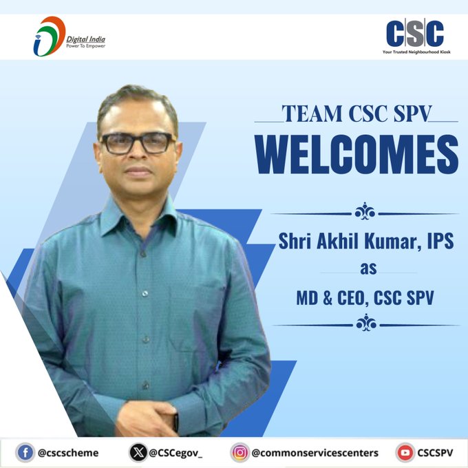 Warm welcome to Shri Akhil Kumar, IPS, on being appointed as the new Managing Director &amp; CEO of CSC SPV.
On behalf of the Uttarakhand CSC Team, we look forward to your inspiring leadership and new milestones ahead. 🙏
<a href="/CSCegov_/">CSCeGov</a> <a href="/AshwaniKKaushal/">Ashwani Kumar</a> 
#CSCeGovernance #AkhilKumarIPS