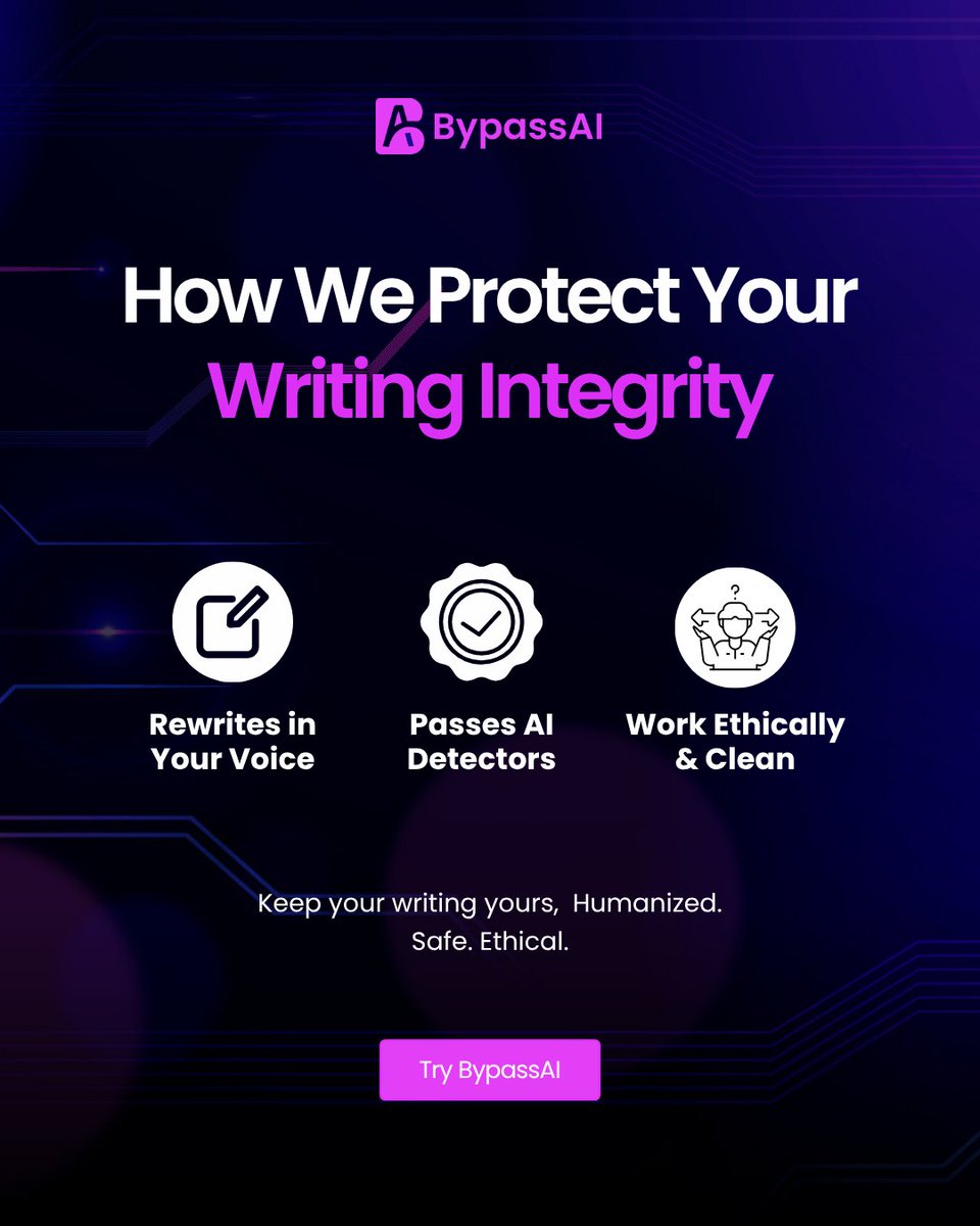 Bypass_AI's tweet photo. AI can help you write faster
but integrity makes your words matter.

✅ Keeps your tone natural
✅ Passes AI checks
✅ Maintains your integrity

Write smarter. Sound human. Stay true.
👉 https://t.co/CcbbjbVvE8
#BypassAI #HumanizeYourText #AIWriting #AcademicIntegrity #AIContent https://t.co/jtOzCYZuga