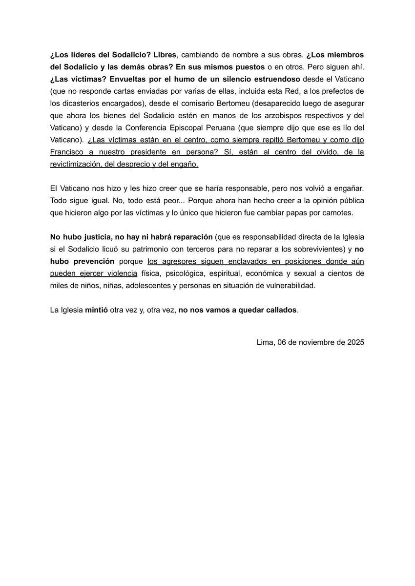 sobrevive_peru's tweet image. PRONUNCIAMIENTO SOBRE EL ENGAÑO DE LA IGLESIA CATÓLICA CON RESPECTO A LA SUPRESIÓN DEL SODALICIO.
También lo pueden leer en nuestra web: sobrevivientes.pe/2025/11/06/pro…